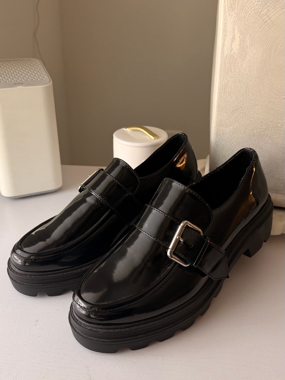 ASOS design Black Patent Buckle Lug Sole Loafers